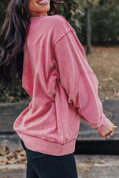 Pink Exposed Seam Waffle Knit Patchwork Sweatshirt