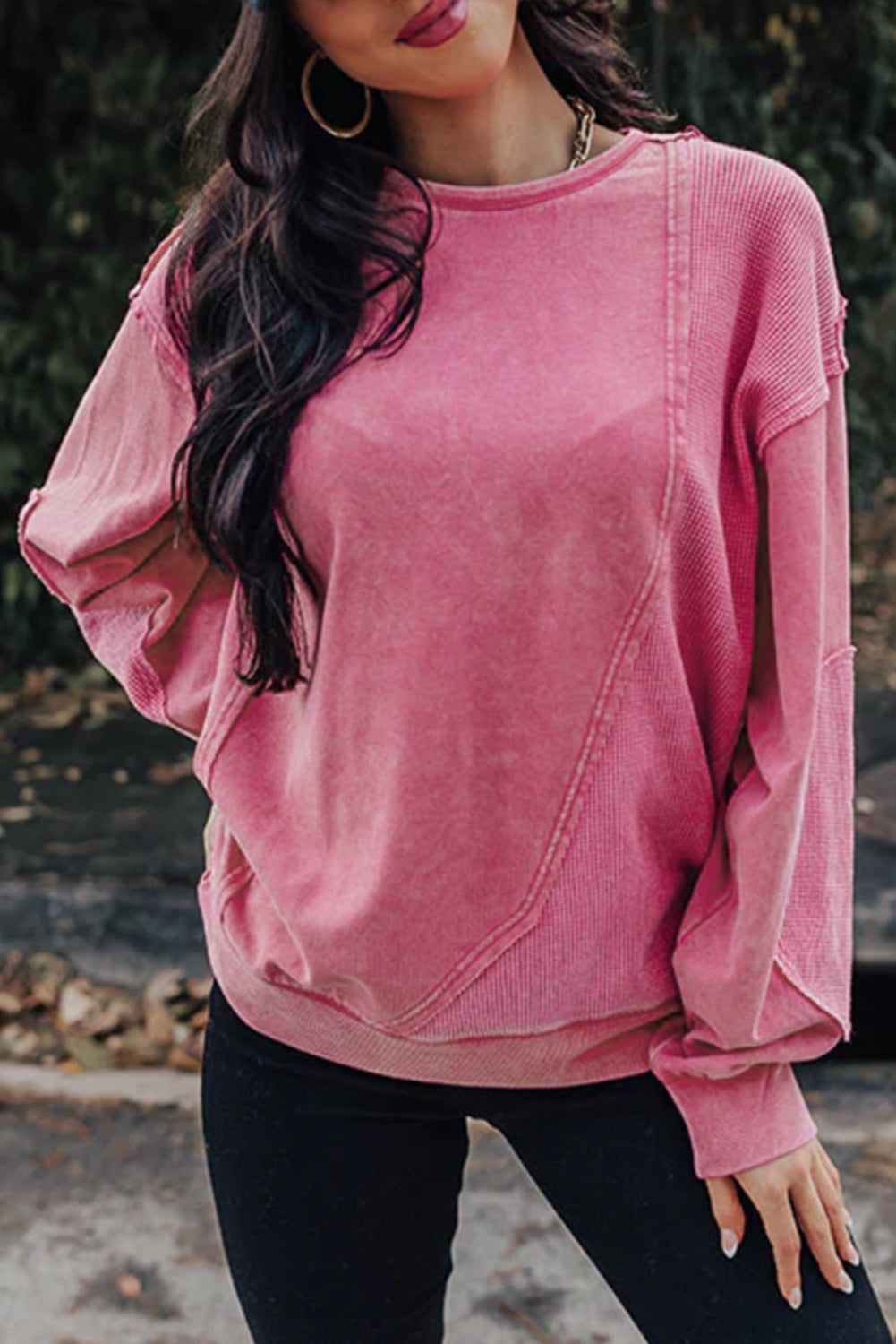 Pink Exposed Seam Waffle Knit Patchwork Sweatshirt