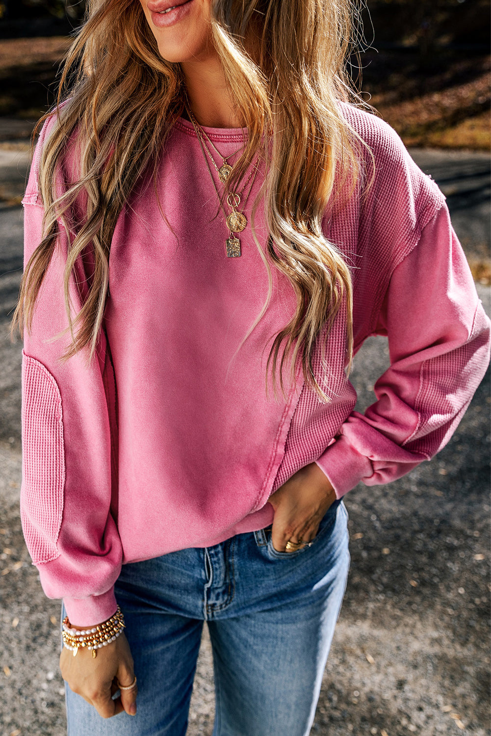 Pink Exposed Seam Waffle Knit Patchwork Sweatshirt