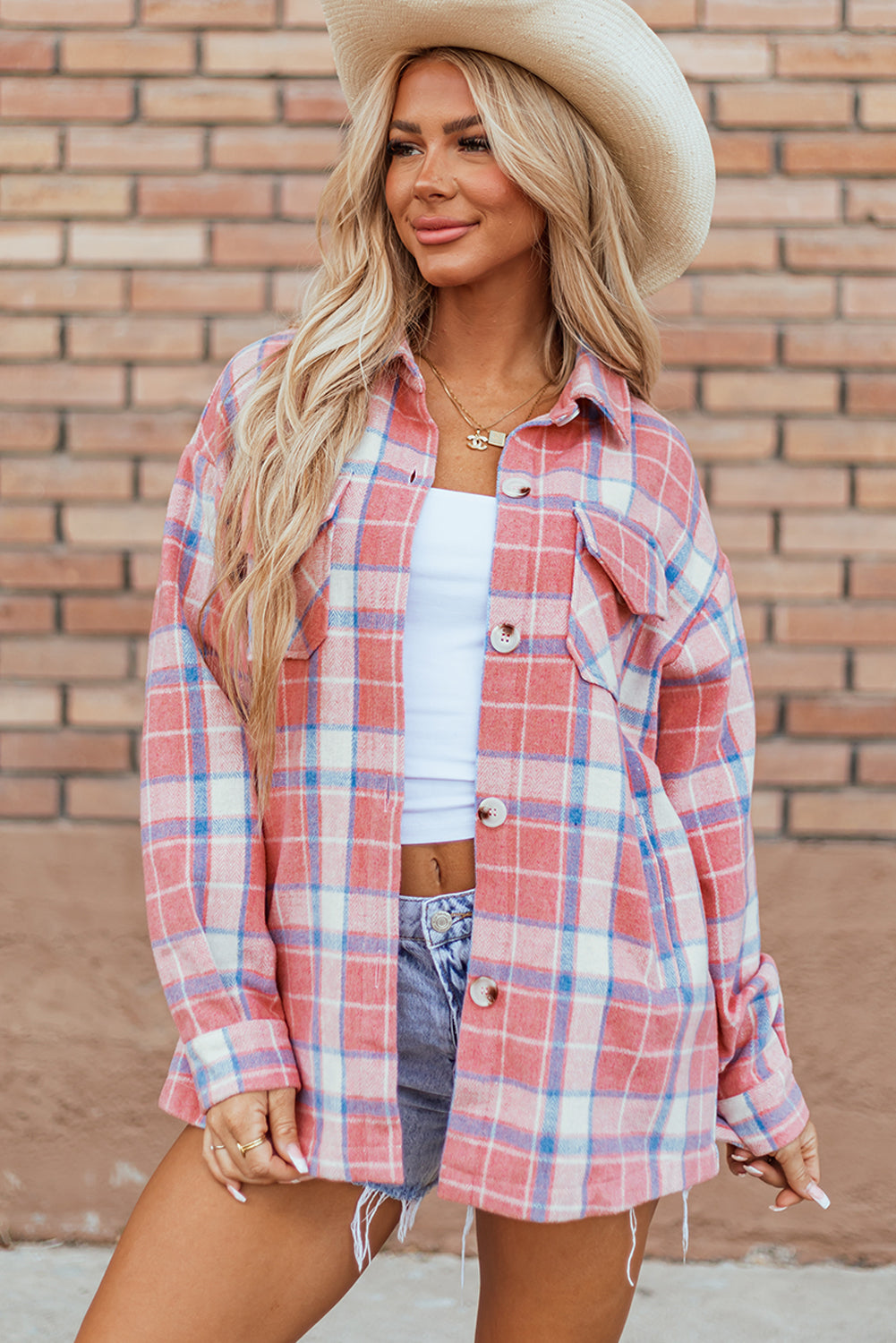 Pink Plaid Button Up Shacket