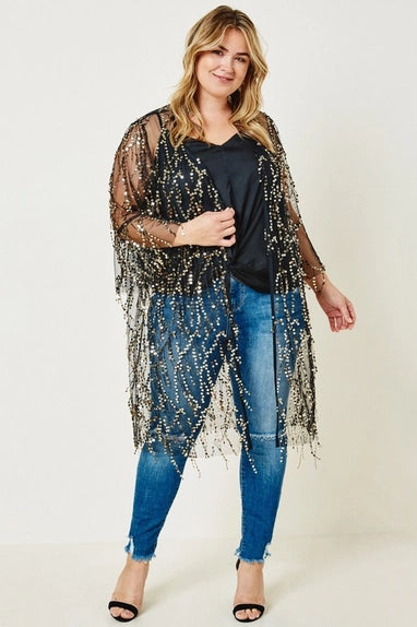 Plus Bell Sleeve Sequin Open Kimono