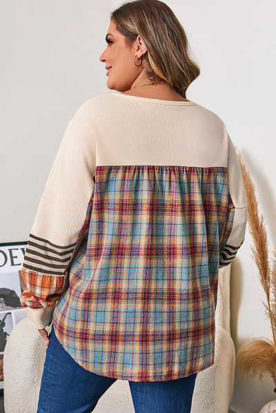 Waffle Colorblock Striped Plaid Patchwork Pullover Plus Top