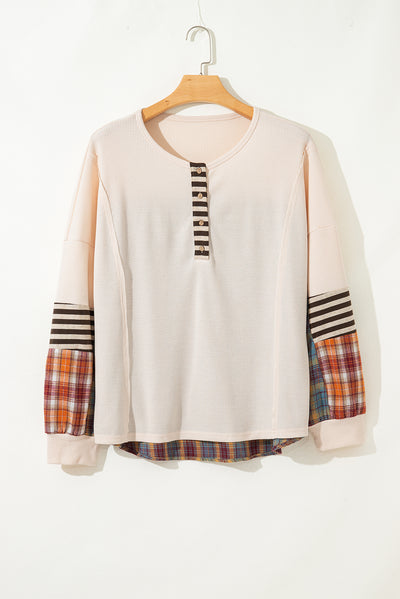 Waffle Colorblock Striped Plaid Patchwork Pullover Plus Top