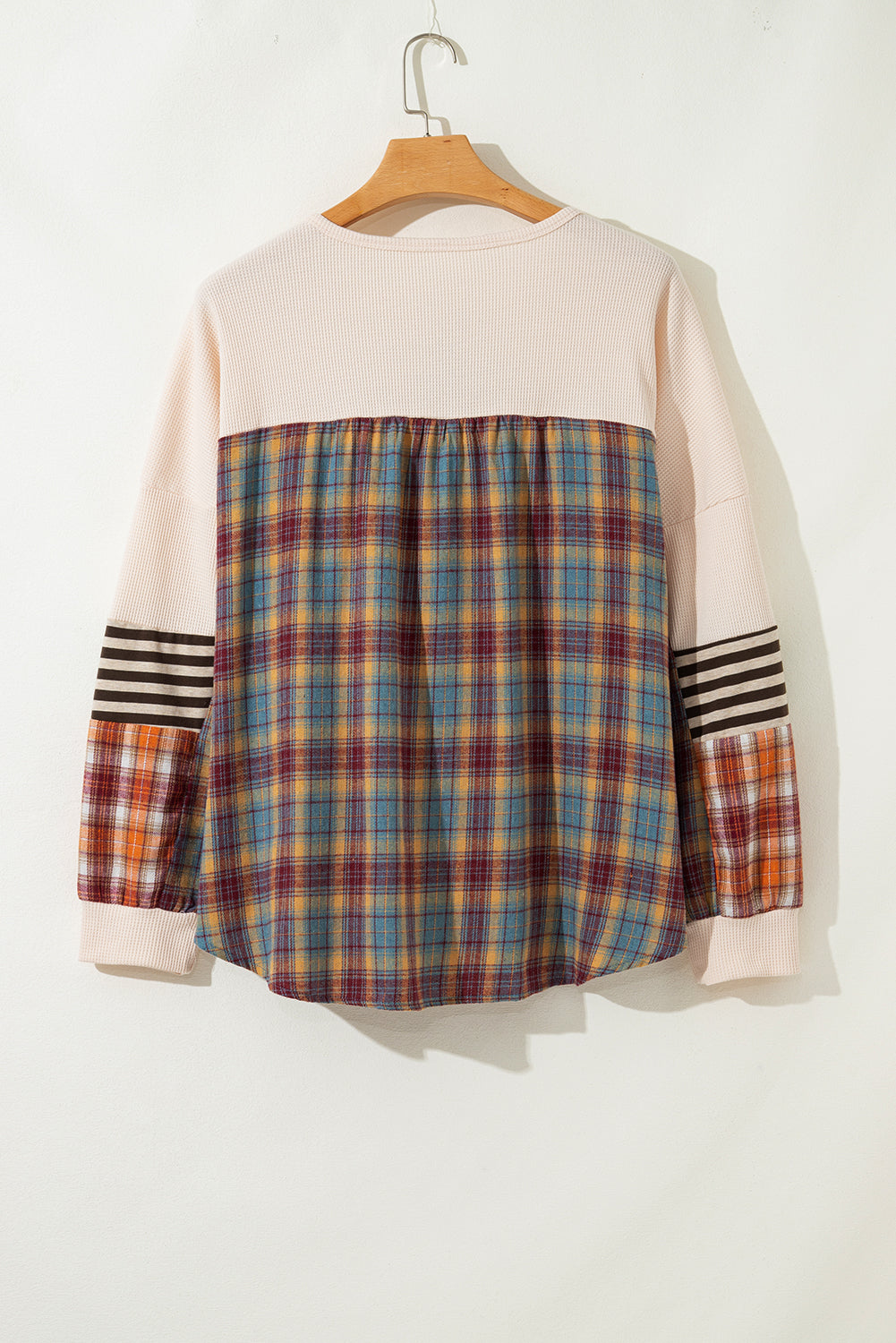 Waffle Colorblock Striped Plaid Patchwork Pullover Plus Top