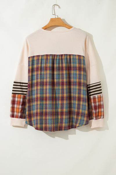 Waffle Colorblock Striped Plaid Patchwork Pullover Plus Top