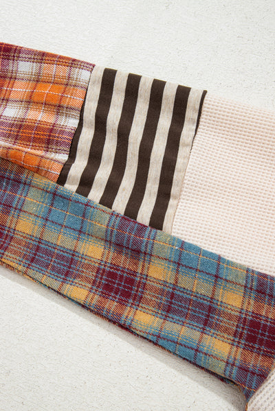 Waffle Colorblock Striped Plaid Patchwork Pullover Plus Top