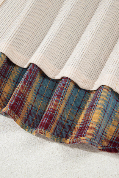 Waffle Colorblock Striped Plaid Patchwork Pullover Plus Top