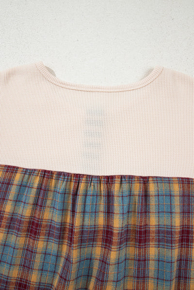 Waffle Colorblock Striped Plaid Patchwork Pullover Plus Top