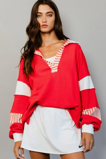 Red Striped Color Block Collared Top