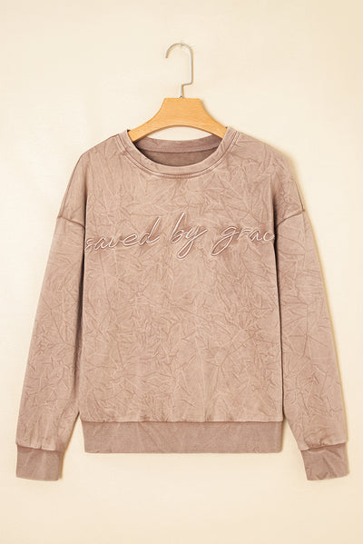 Saved by Grace Letter Embroidered Mineral Wash Sweatshirt