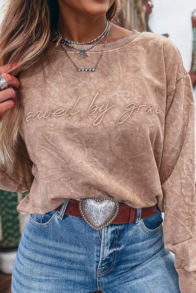 Saved by Grace Letter Embroidered Mineral Wash Sweatshirt