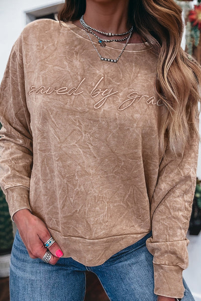 Saved by Grace Letter Embroidered Mineral Wash Sweatshirt