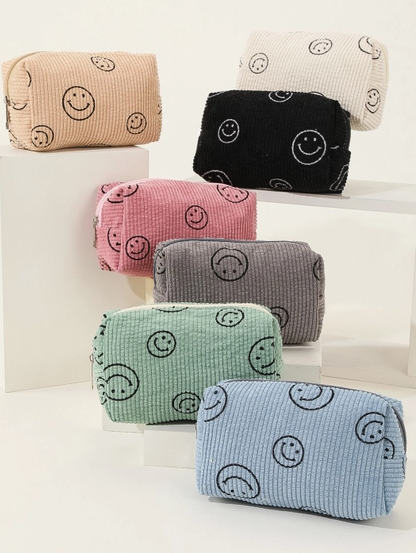Smiley Face Corduroy Cosmetic Bag