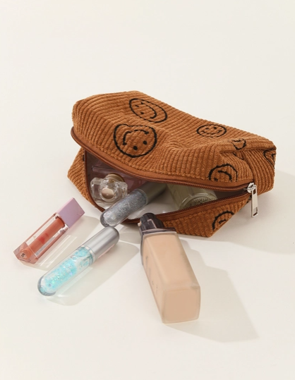 Smiley Face Corduroy Cosmetic Bag