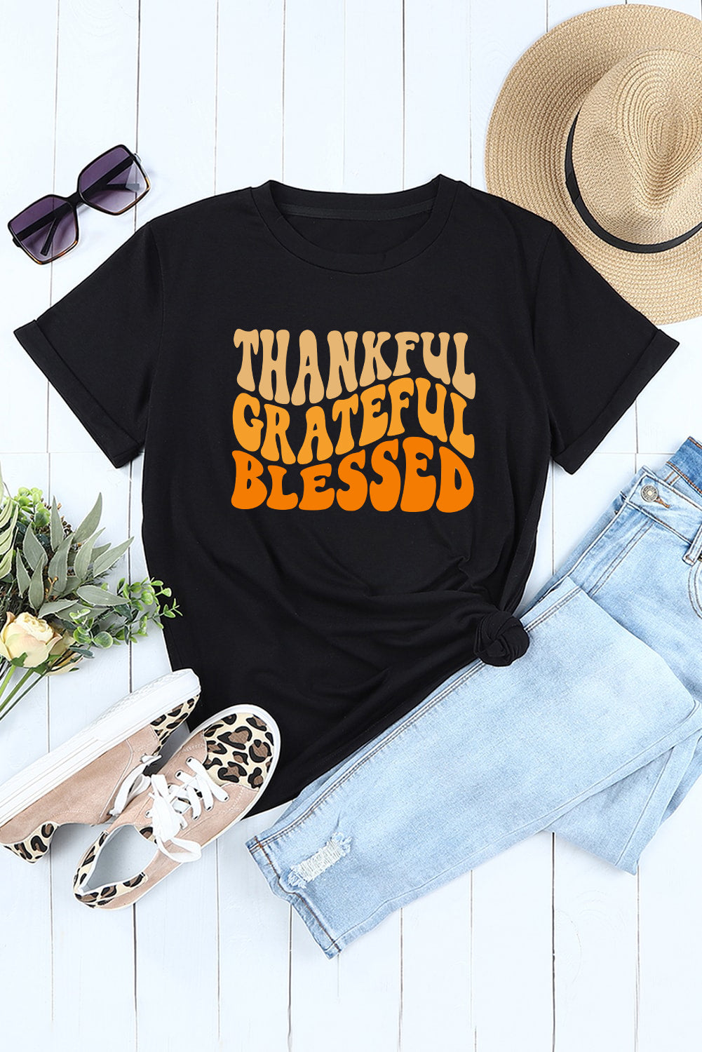 Thankful Grateful Blessed Crew Neck Graphic Tee