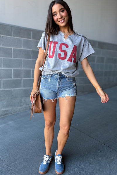 Light Grey USA Lettering Patch Notched Neck Loose Tee