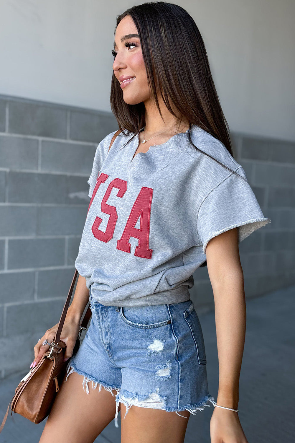 Light Grey USA Lettering Patch Notched Neck Loose Tee