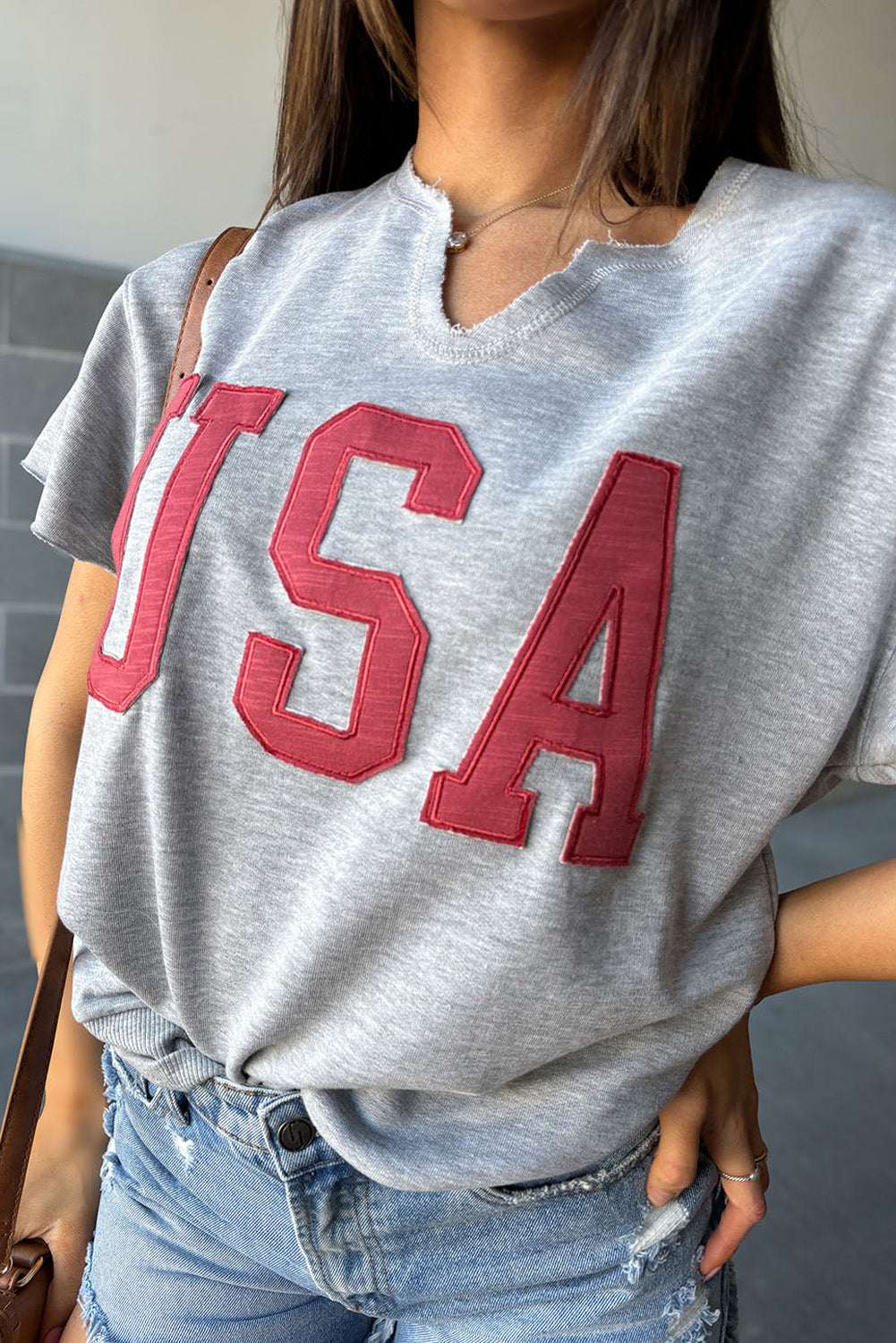 Light Grey USA Lettering Patch Notched Neck Loose Tee