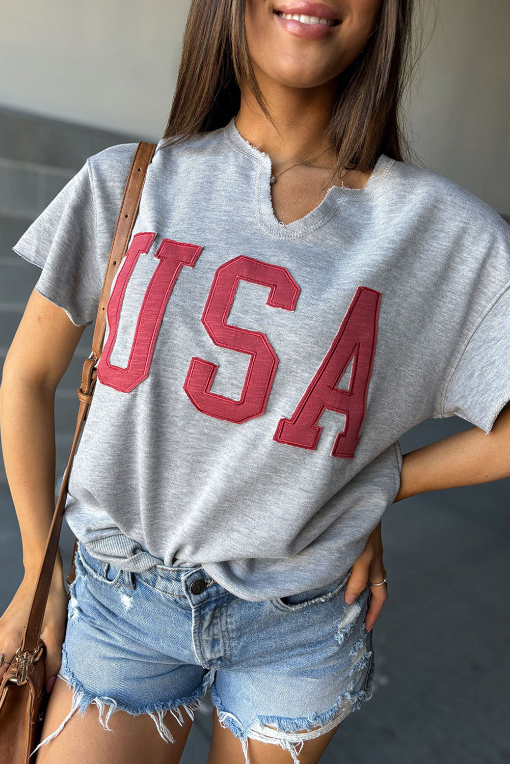 Light Grey USA Lettering Patch Notched Neck Loose Tee