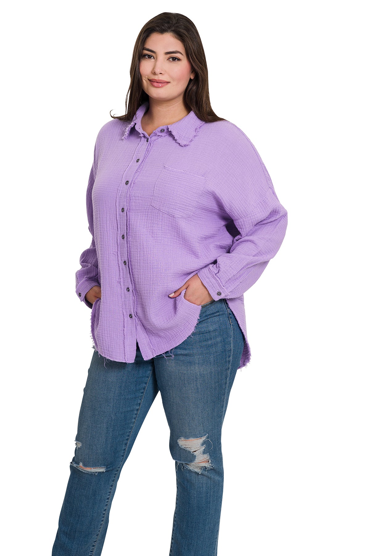 Plus Size Olive Gauze Oversized Raw Edge Shirt