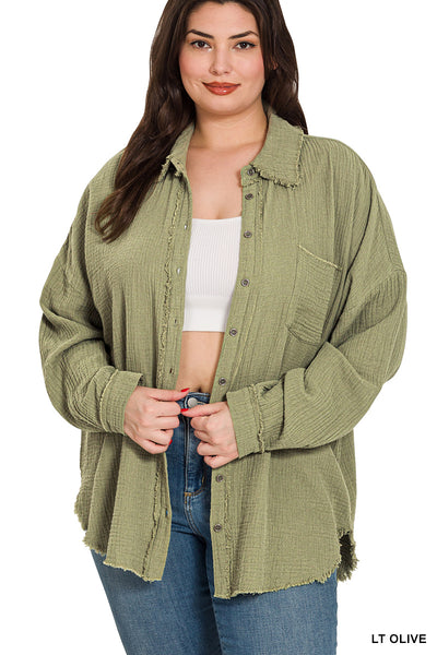 Plus Size Olive Gauze Oversized Raw Edge Shirt