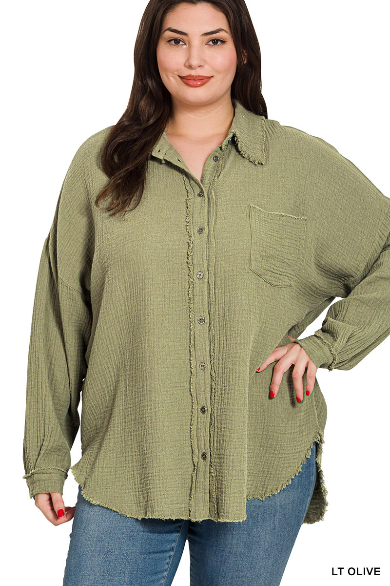 Plus Size Olive Gauze Oversized Raw Edge Shirt