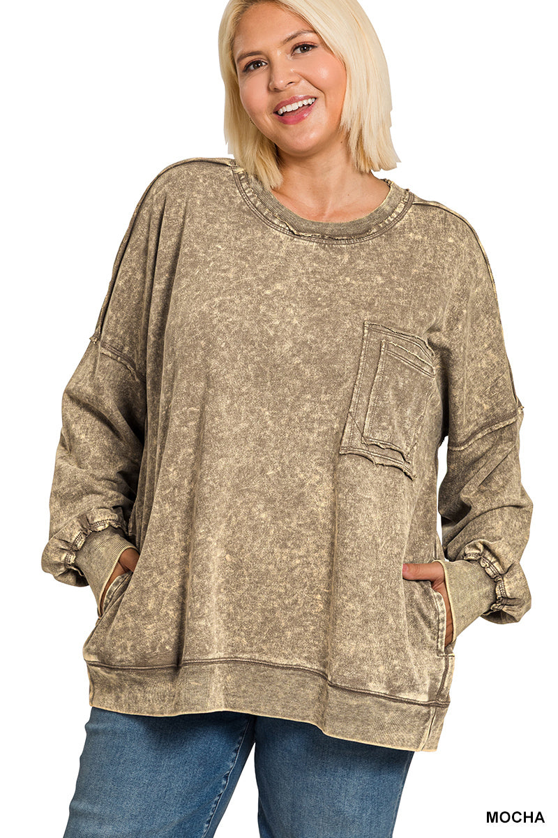 Plus French Terry Acid Wash Pullover Sweatshirt