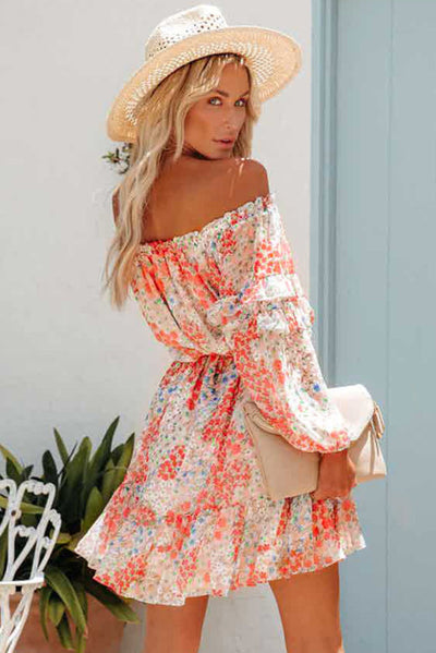 Floral Off the Shoulder Ruffle Dress with Tie