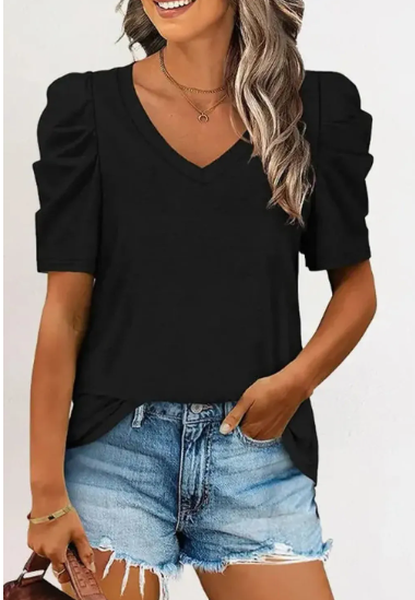 Black Puff Sleeve V Neck Top