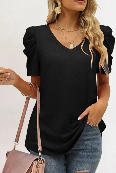 Black Puff Sleeve V Neck Top