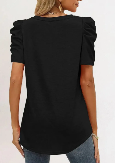 Black Puff Sleeve V Neck Top