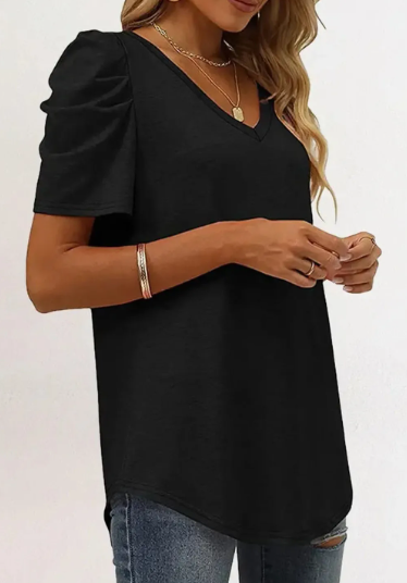 Black Puff Sleeve V Neck Top