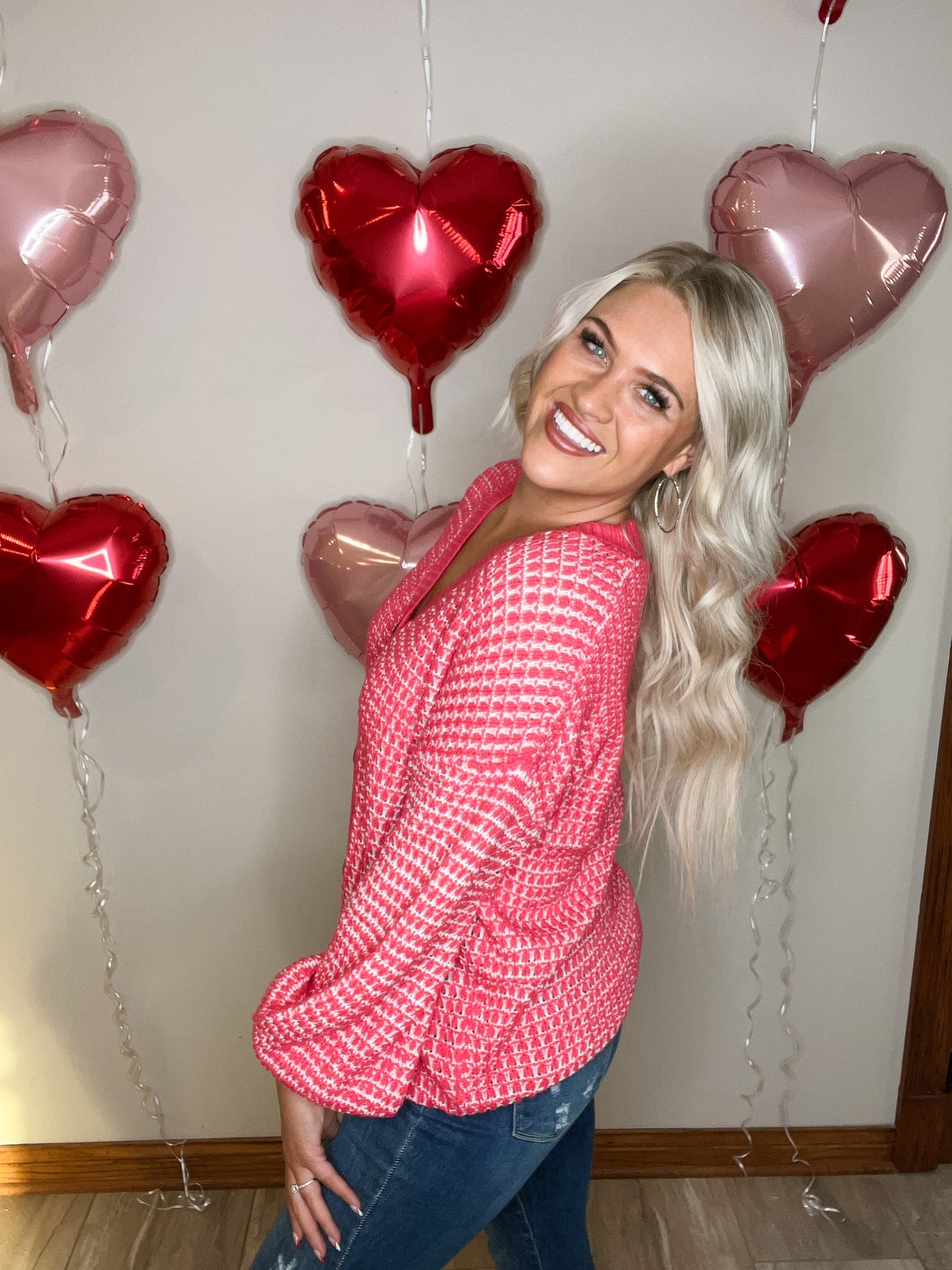 Pink V Neck Button Knit Cardigan