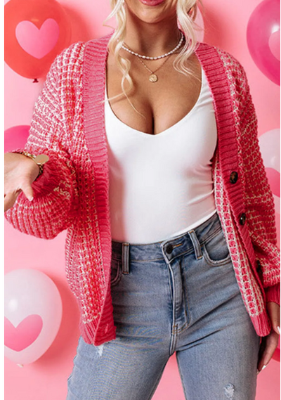 Pink V Neck Button Knit Cardigan