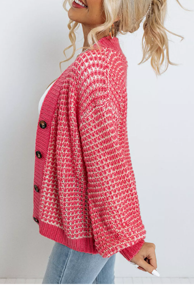 Pink V Neck Button Knit Cardigan