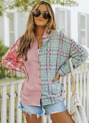 Pink Plaid Color Block Shirt