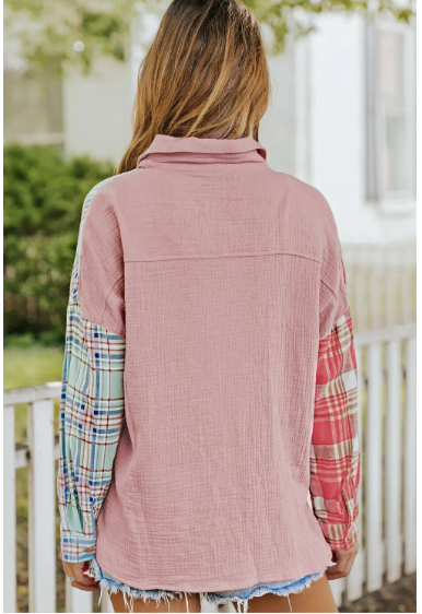 Pink Plaid Color Block Shirt