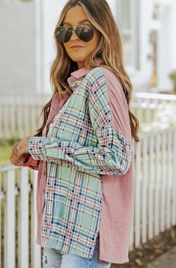 Pink Plaid Color Block Shirt