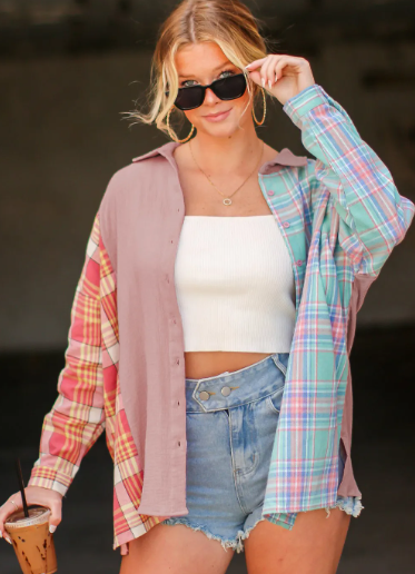 Pink Plaid Color Block Shirt