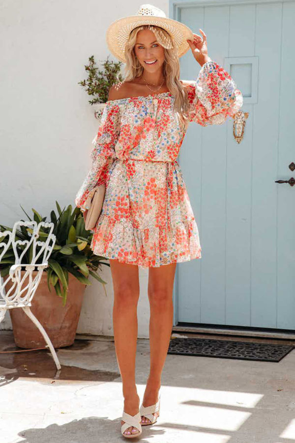 Floral Off the Shoulder Ruffle Dress with Tie