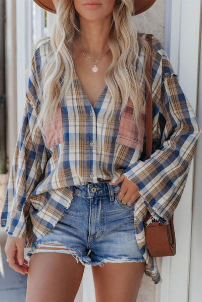 Plaid Pattern Asymmetric Button Shirt