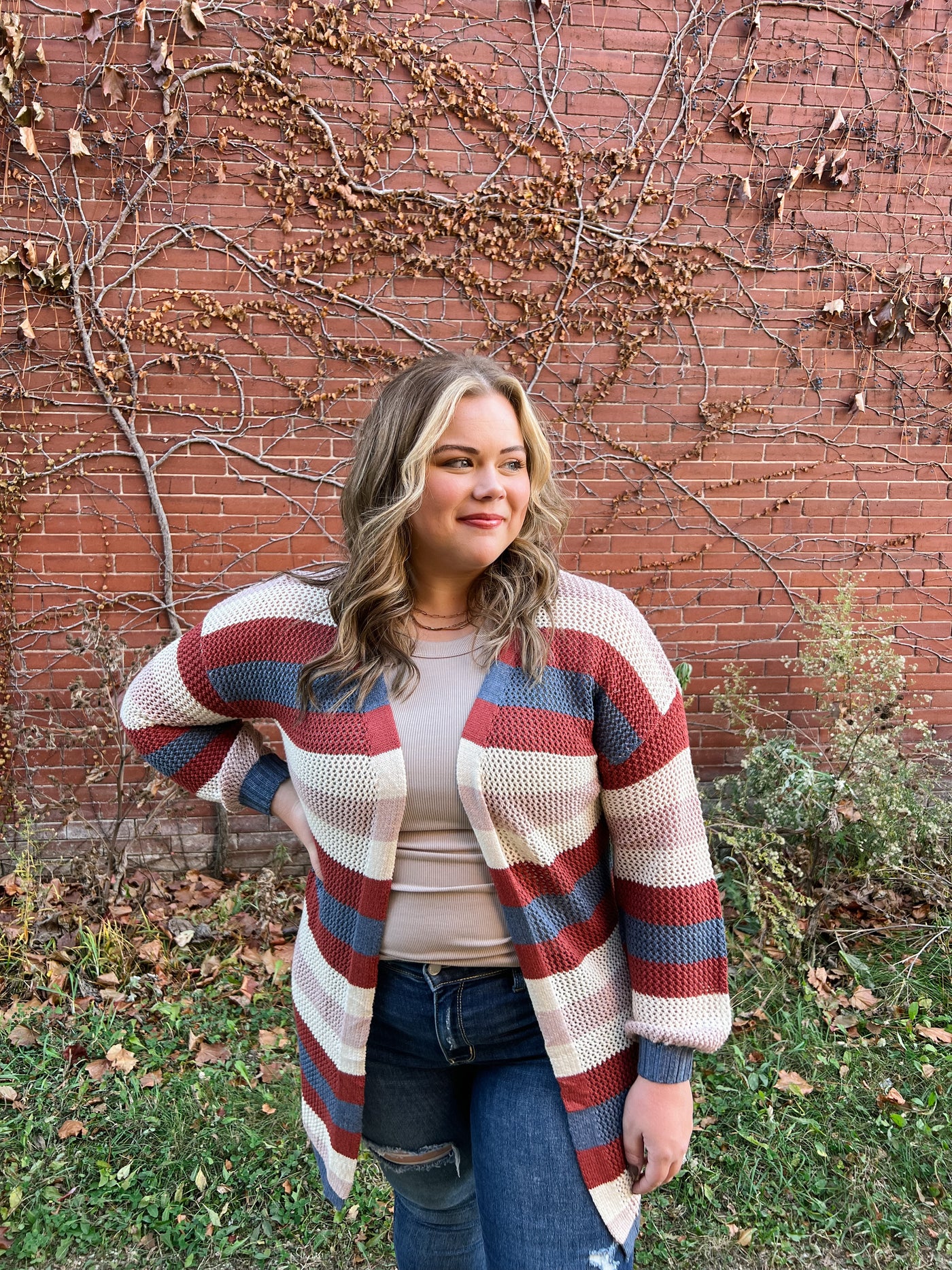 Blue Striped Color Block Hollowed Knit Cardigan